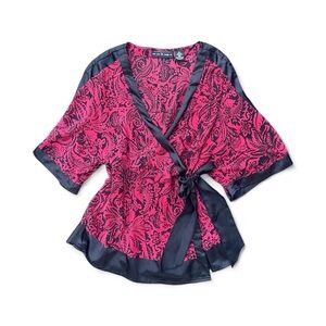SILK Vintage Red and Black Kimono Style Wrap Top with Satin Tie Closure
